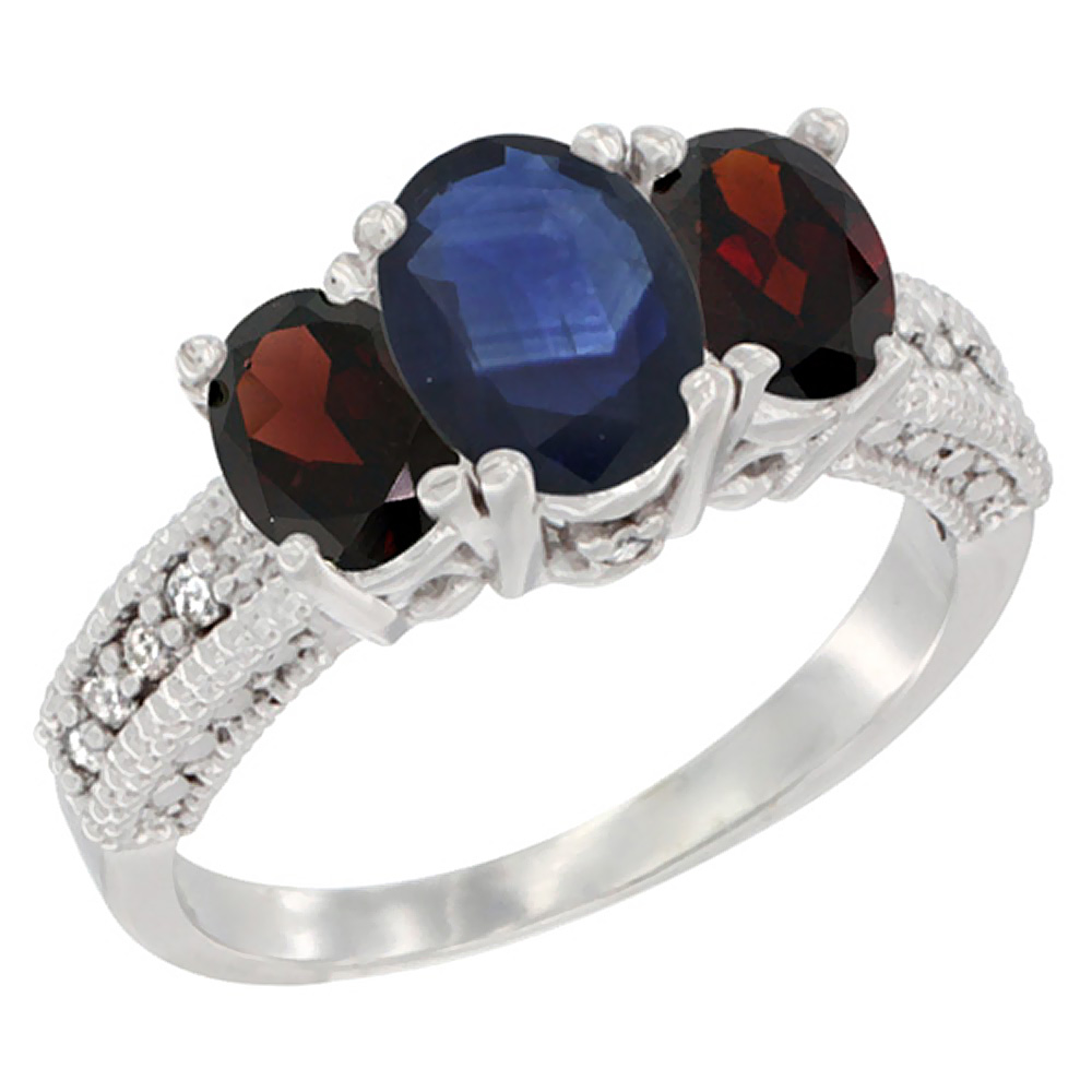 14K White Gold Diamond Natural Blue Sapphire Ring Oval 3-stone with Garnet, sizes 5 - 10