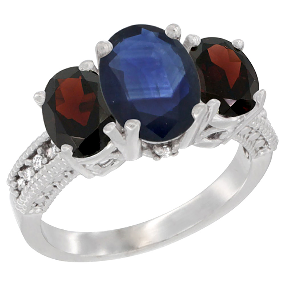 10K White Gold Diamond Natural Blue Sapphire Ring 3-Stone Oval 8x6mm with Garnet, sizes5-10