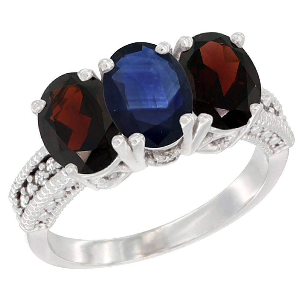 14K White Gold Natural Blue Sapphire &amp; Garnet Sides Ring 3-Stone 7x5 mm Oval Diamond Accent, sizes 5 - 10