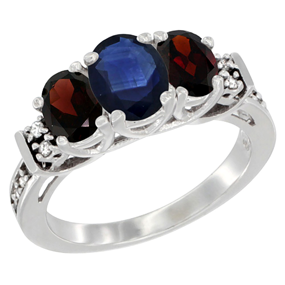 14K White Gold Natural Blue Sapphire &amp; Garnet Ring 3-Stone Oval Diamond Accent, sizes 5-10