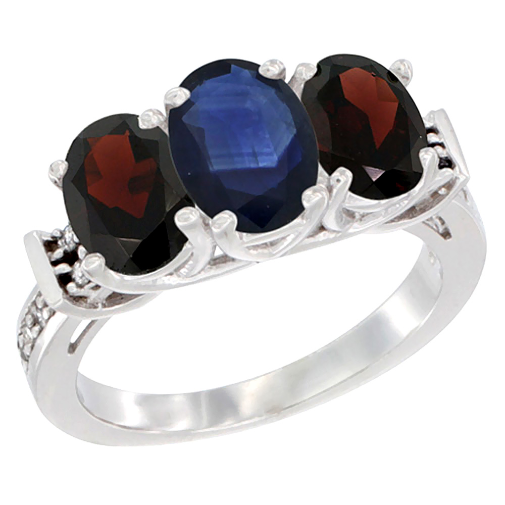 14K White Gold Natural Blue Sapphire & Garnet Sides Ring 3-Stone Oval Diamond Accent, sizes 5 - 10