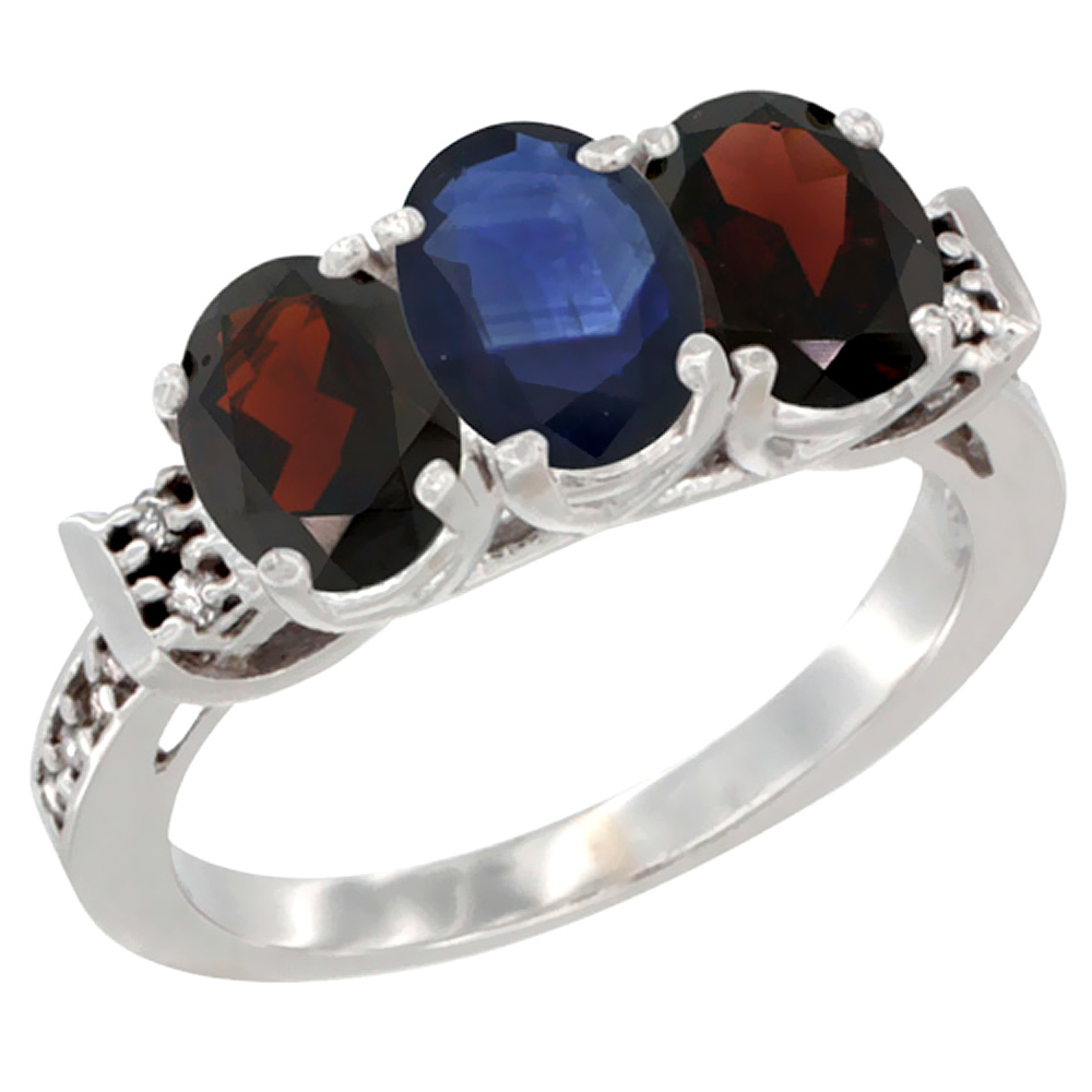 10K White Gold Natural Blue Sapphire & Garnet Sides Ring 3-Stone Oval 7x5 mm Diamond Accent, sizes 5 - 10