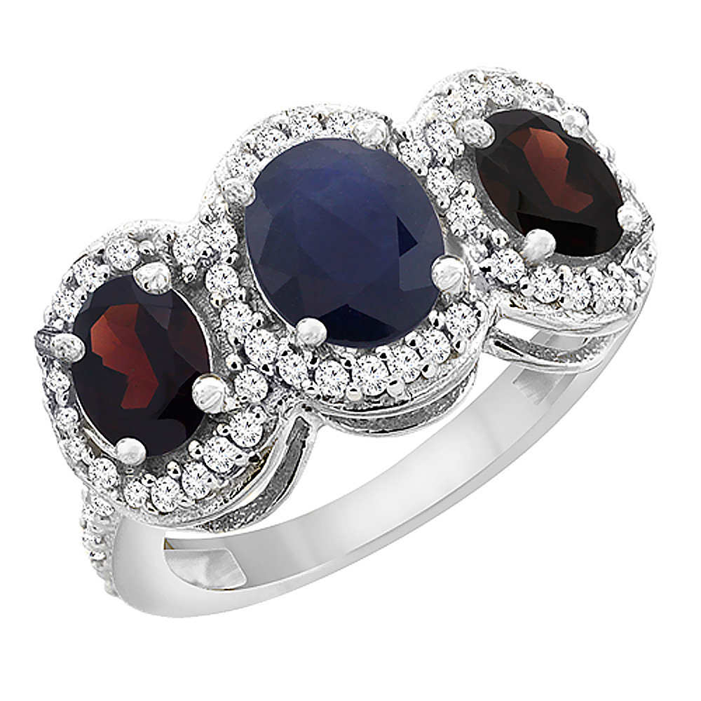 10K White Gold Natural Blue Sapphire & Garnet 3-Stone Ring Oval Diamond Accent, sizes 5 - 10