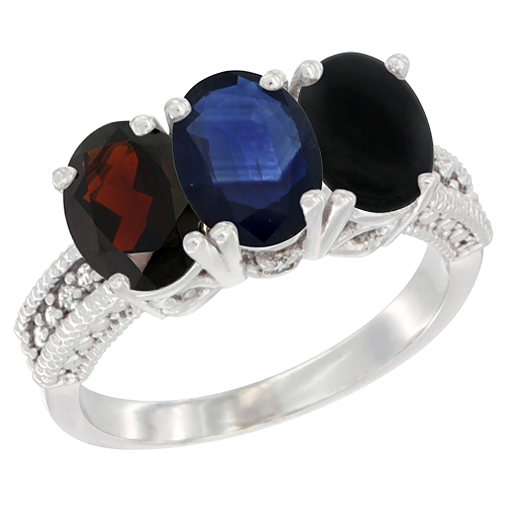 14K White Gold Natural Garnet, Blue Sapphire & Black Onyx Ring 3-Stone 7x5 mm Oval Diamond Accent, sizes 5 - 10