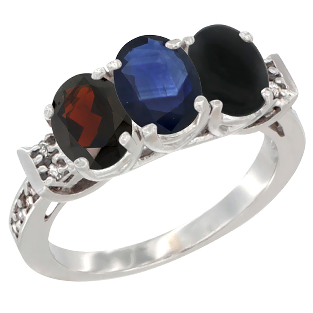 14K White Gold Natural Garnet, Blue Sapphire &amp; Black Onyx Ring 3-Stone 7x5 mm Oval Diamond Accent, sizes 5 - 10