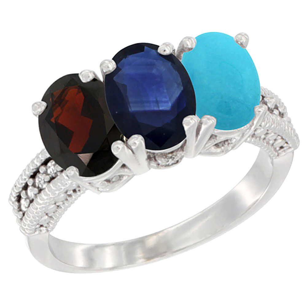 14K White Gold Natural Garnet, Blue Sapphire &amp; Turquoise Ring 3-Stone 7x5 mm Oval Diamond Accent, sizes 5 - 10