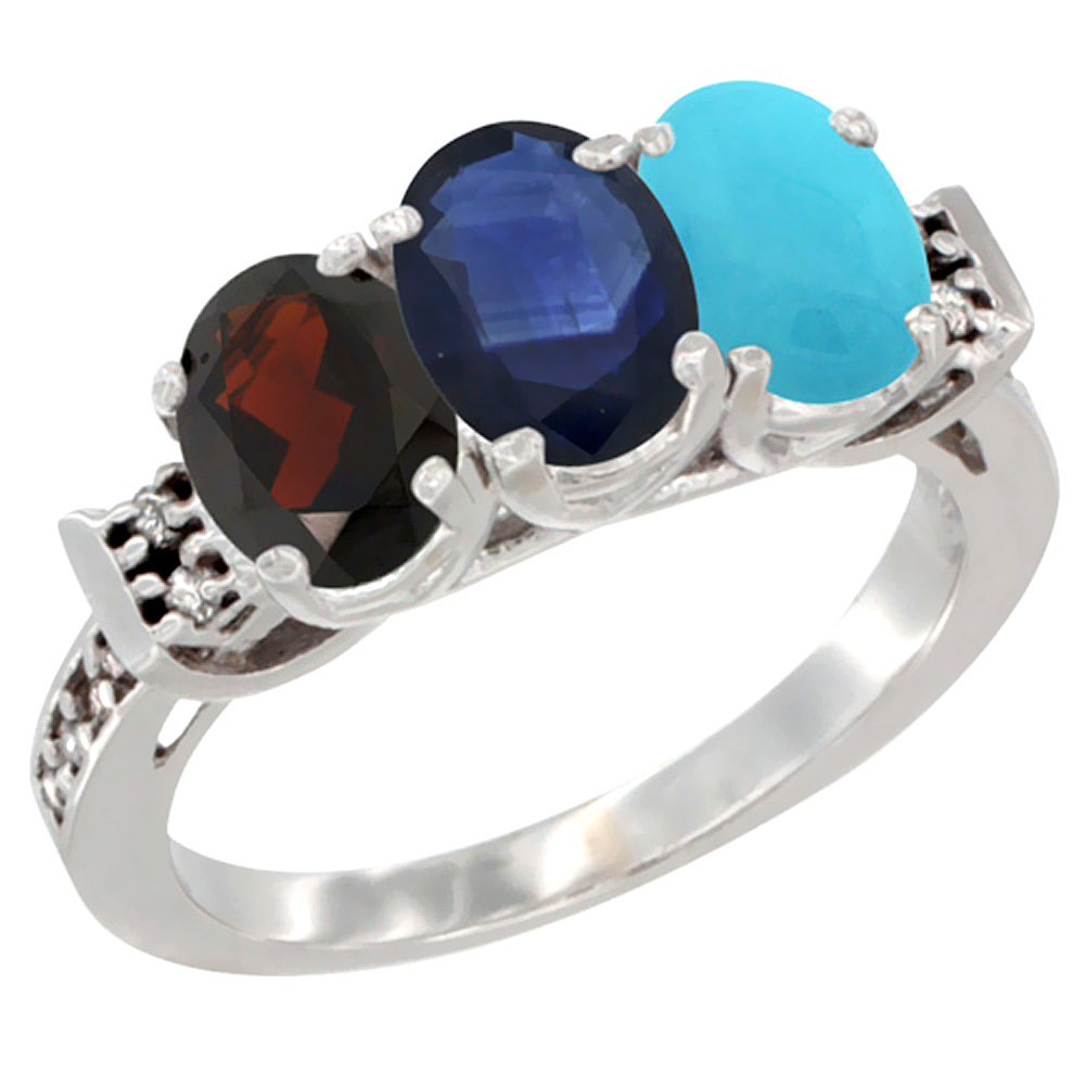 14K White Gold Natural Garnet, Blue Sapphire & Turquoise Ring 3-Stone 7x5 mm Oval Diamond Accent, sizes 5 - 10