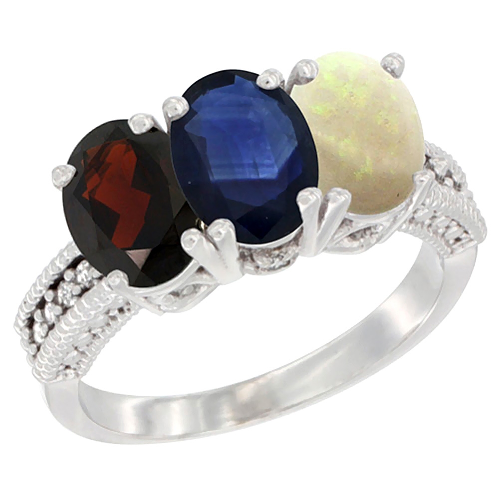 10K White Gold Natural Garnet, Blue Sapphire &amp; Opal Ring 3-Stone Oval 7x5 mm Diamond Accent, sizes 5 - 10
