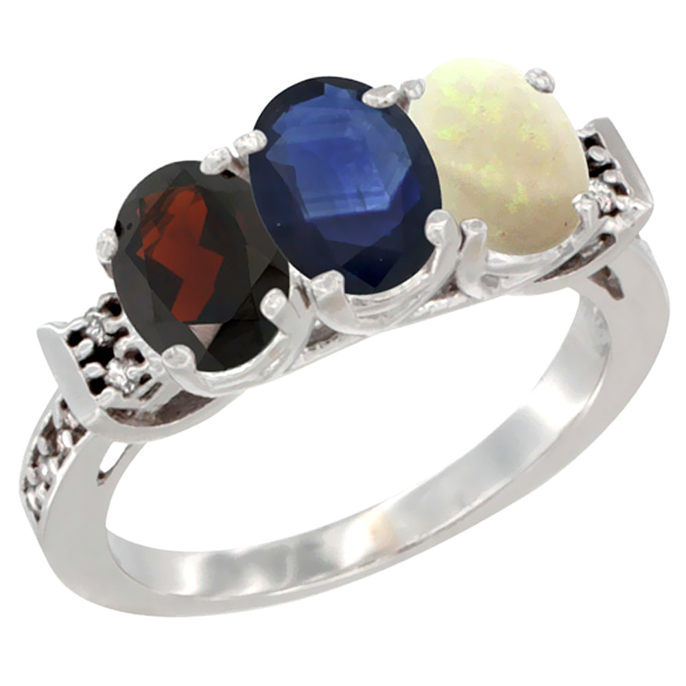 10K White Gold Natural Garnet, Blue Sapphire & Opal Ring 3-Stone Oval 7x5 mm Diamond Accent, sizes 5 - 10