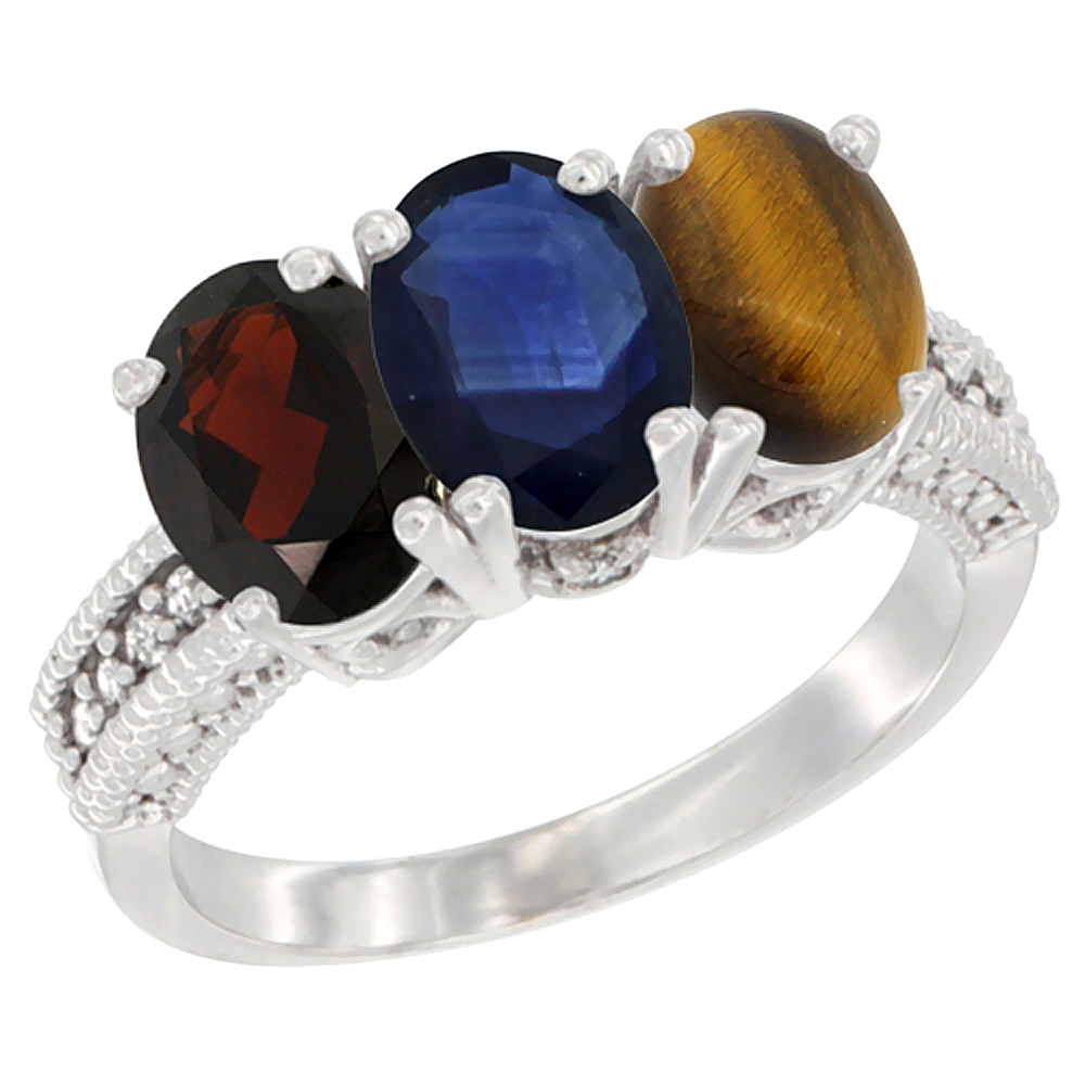 14K White Gold Natural Garnet, Blue Sapphire &amp; Tiger Eye Ring 3-Stone 7x5 mm Oval Diamond Accent, sizes 5 - 10