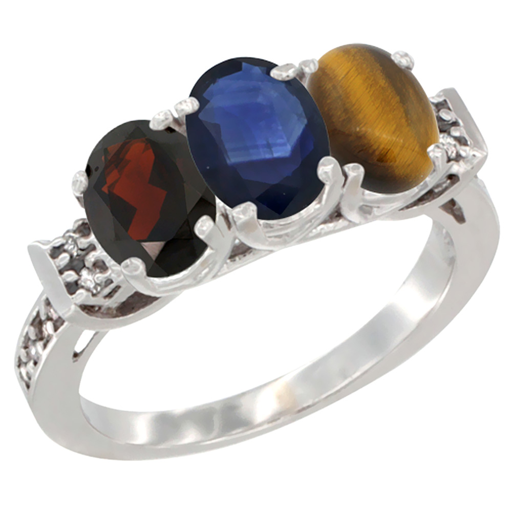 14K White Gold Natural Garnet, Blue Sapphire &amp; Tiger Eye Ring 3-Stone 7x5 mm Oval Diamond Accent, sizes 5 - 10