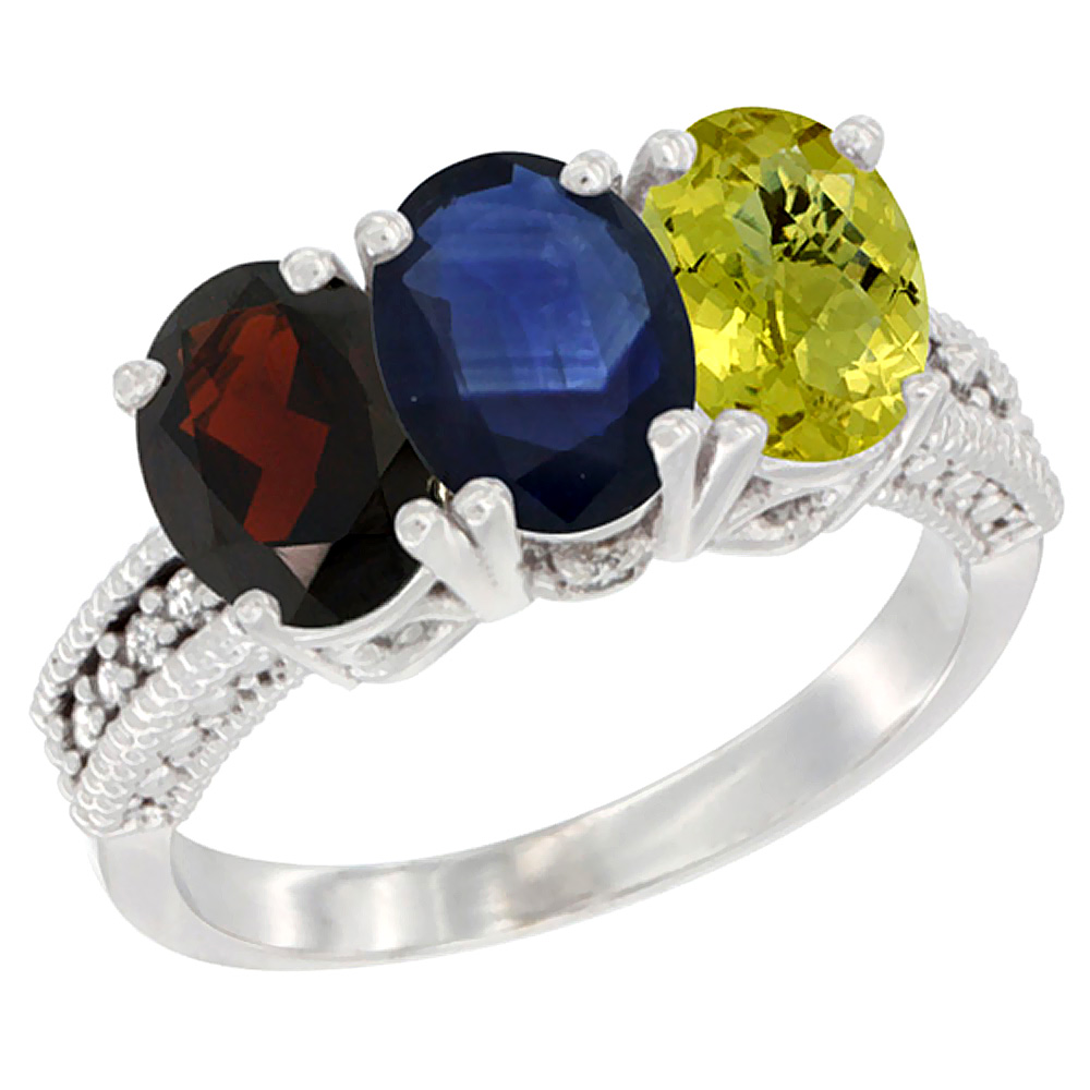 14K White Gold Natural Garnet, Blue Sapphire &amp; Lemon Quartz Ring 3-Stone 7x5 mm Oval Diamond Accent, sizes 5 - 10