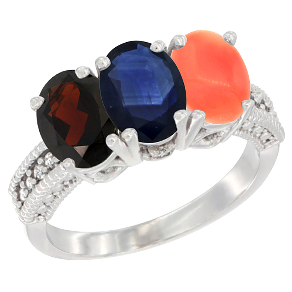 14K White Gold Natural Garnet, Blue Sapphire & Coral Ring 3-Stone 7x5 mm Oval Diamond Accent, sizes 5 - 10