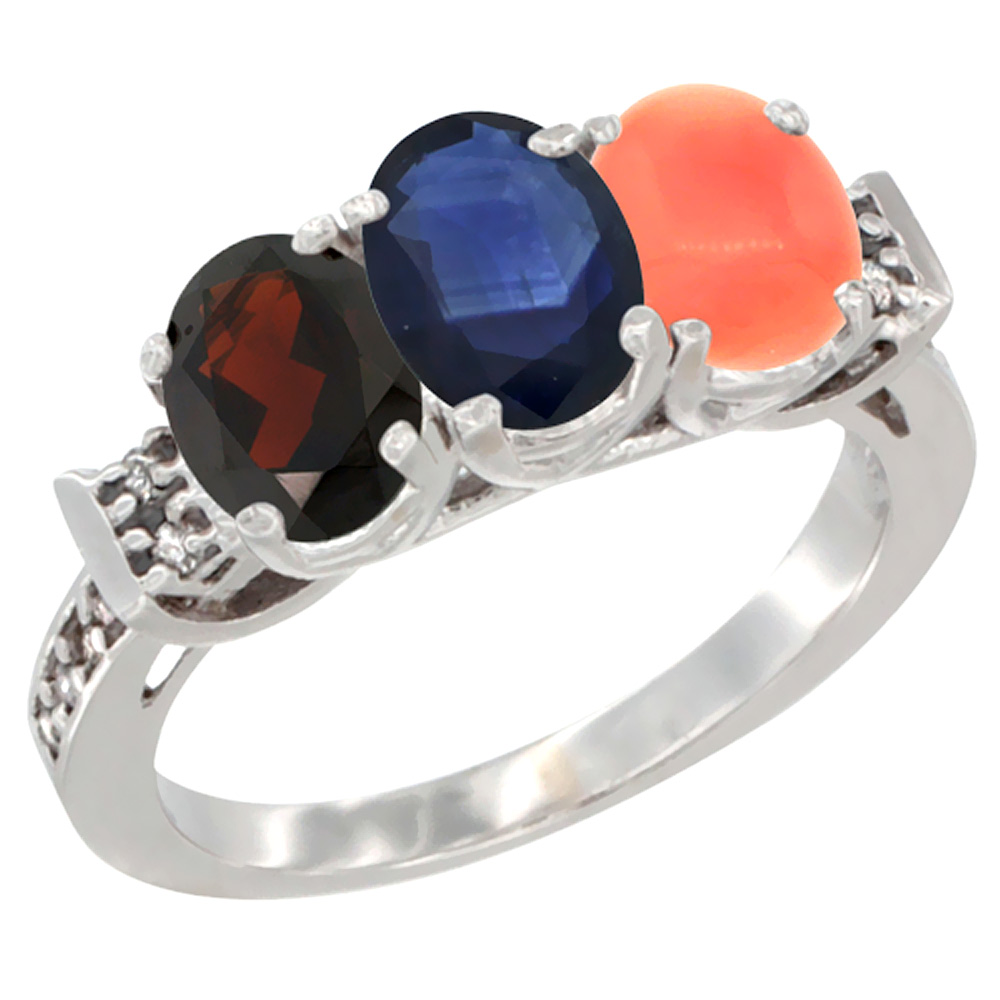 14K White Gold Natural Garnet, Blue Sapphire &amp; Coral Ring 3-Stone 7x5 mm Oval Diamond Accent, sizes 5 - 10