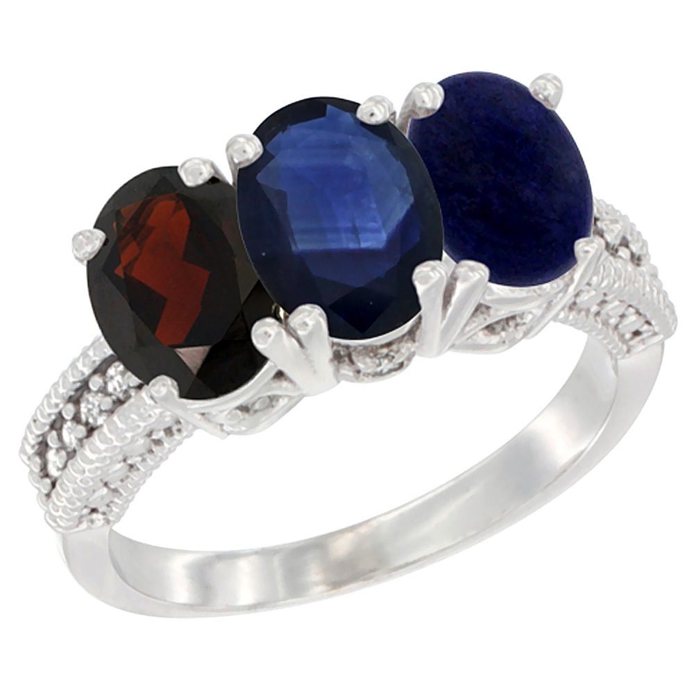 14K White Gold Natural Garnet, Blue Sapphire &amp; Lapis Ring 3-Stone 7x5 mm Oval Diamond Accent, sizes 5 - 10