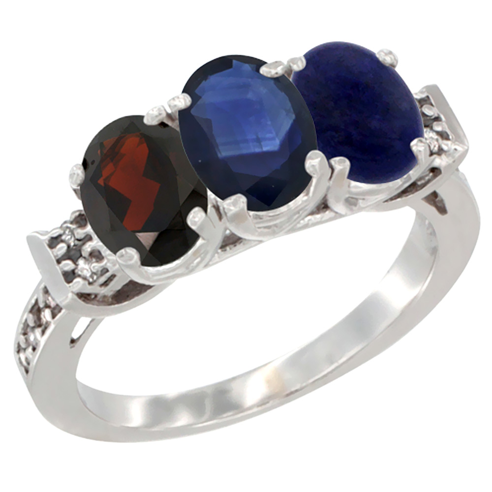 14K White Gold Natural Garnet, Blue Sapphire &amp; Lapis Ring 3-Stone 7x5 mm Oval Diamond Accent, sizes 5 - 10