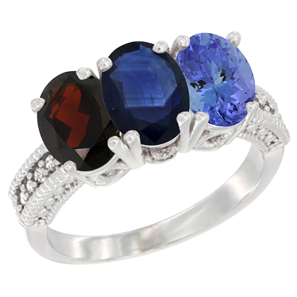 14K White Gold Natural Garnet, Blue Sapphire & Tanzanite Ring 3-Stone 7x5 mm Oval Diamond Accent, sizes 5 - 10
