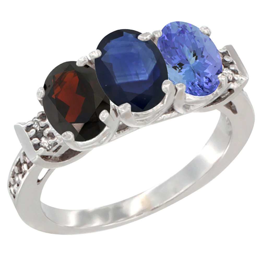 14K White Gold Natural Garnet, Blue Sapphire &amp; Tanzanite Ring 3-Stone 7x5 mm Oval Diamond Accent, sizes 5 - 10