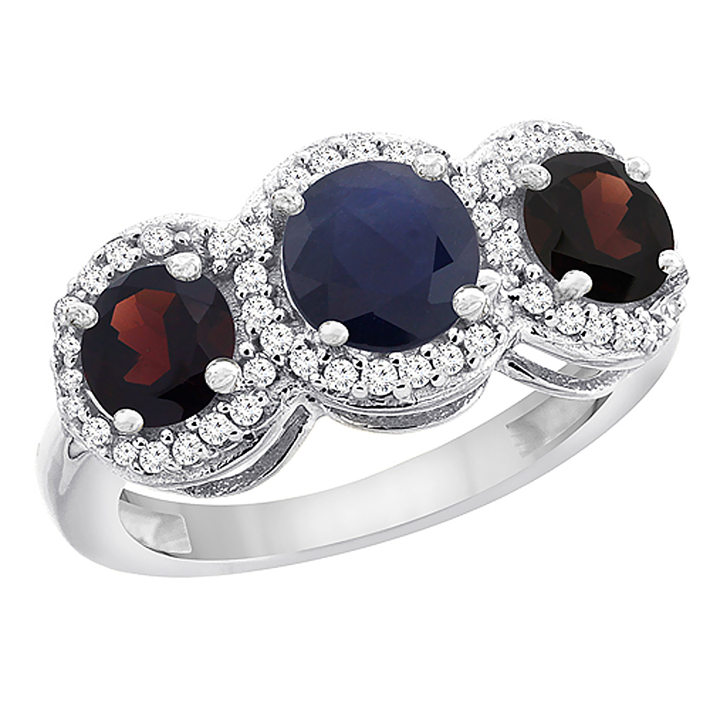 14K White Gold Natural High Quality Blue Sapphire &amp; Garnet Sides Round 3-stone Ring Diamond Accents, sizes 5 - 10