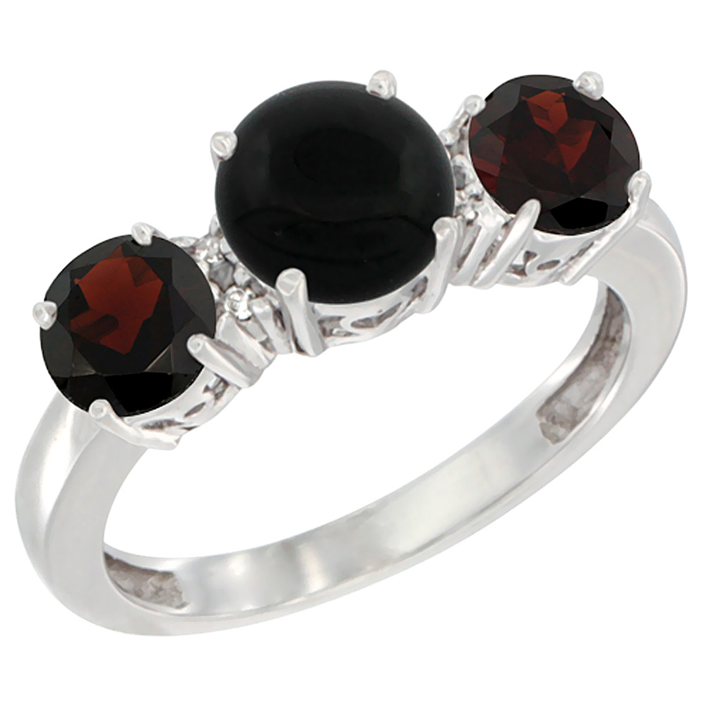 10K White Gold Round 3-Stone Natural Black Onyx Ring & Garnet Sides Diamond Accent, sizes 5 - 10