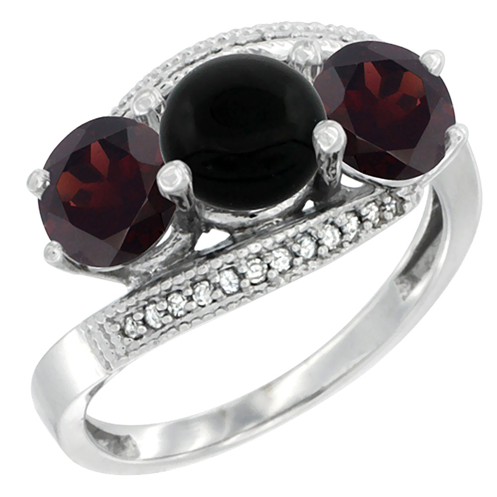 10K White Gold Natural Black Onyx & Garnet Sides 3 stone Ring Round 6mm Diamond Accent, sizes 5 - 10
