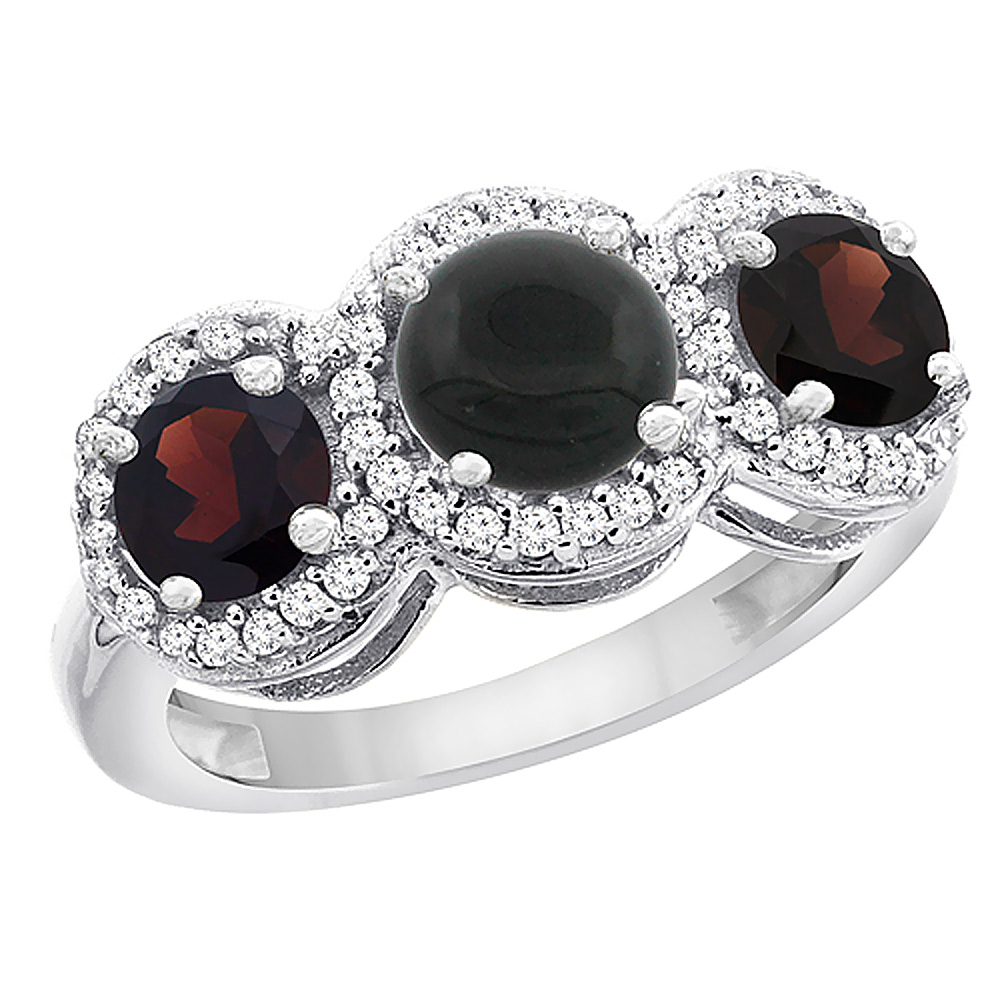 10K White Gold Natural Black Onyx & Garnet Sides Round 3-stone Ring Diamond Accents, sizes 5 - 10