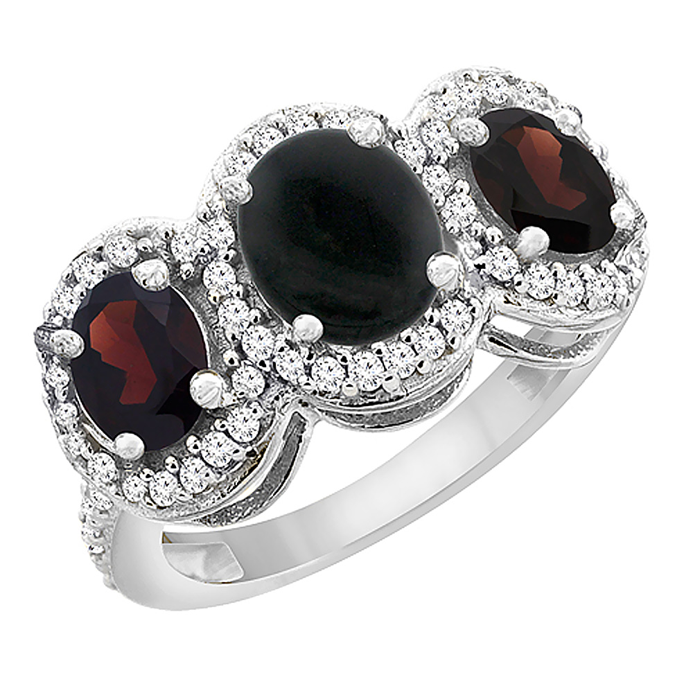 10K White Gold Natural Black Onyx & Garnet 3-Stone Ring Oval Diamond Accent, sizes 5 - 10