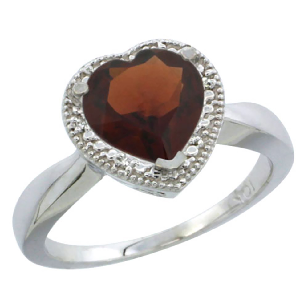 10K White Gold Natural Garnet Ring Heart 8x8mm Diamond Accent, sizes 5-10