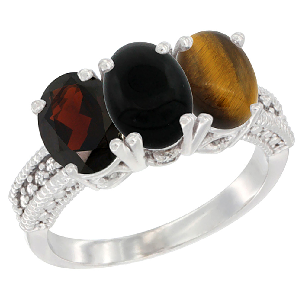 14K White Gold Natural Garnet, Black Onyx &amp; Tiger Eye Ring 3-Stone 7x5 mm Oval Diamond Accent, sizes 5 - 10