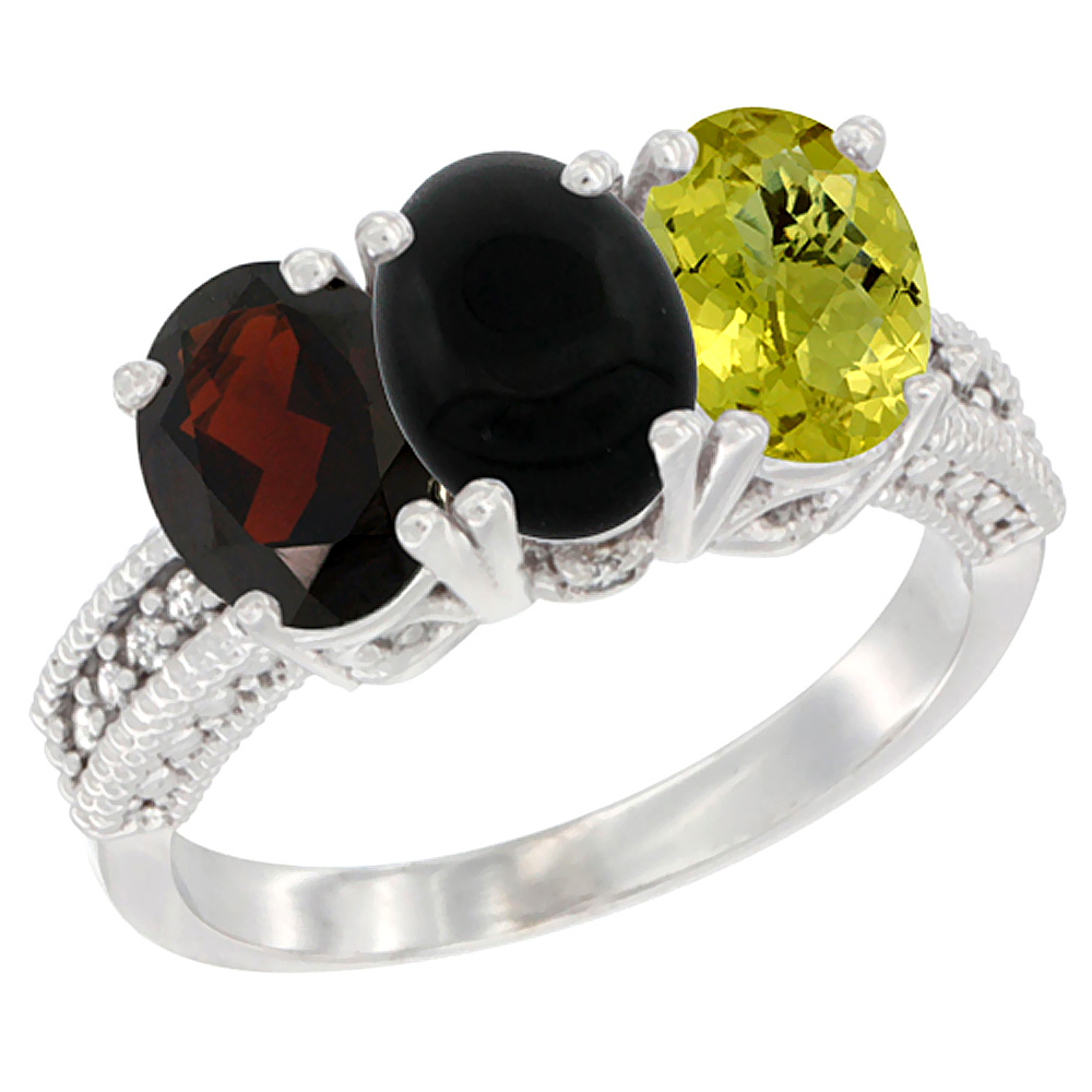 14K White Gold Natural Garnet, Black Onyx & Lemon Quartz Ring 3-Stone 7x5 mm Oval Diamond Accent, sizes 5 - 10