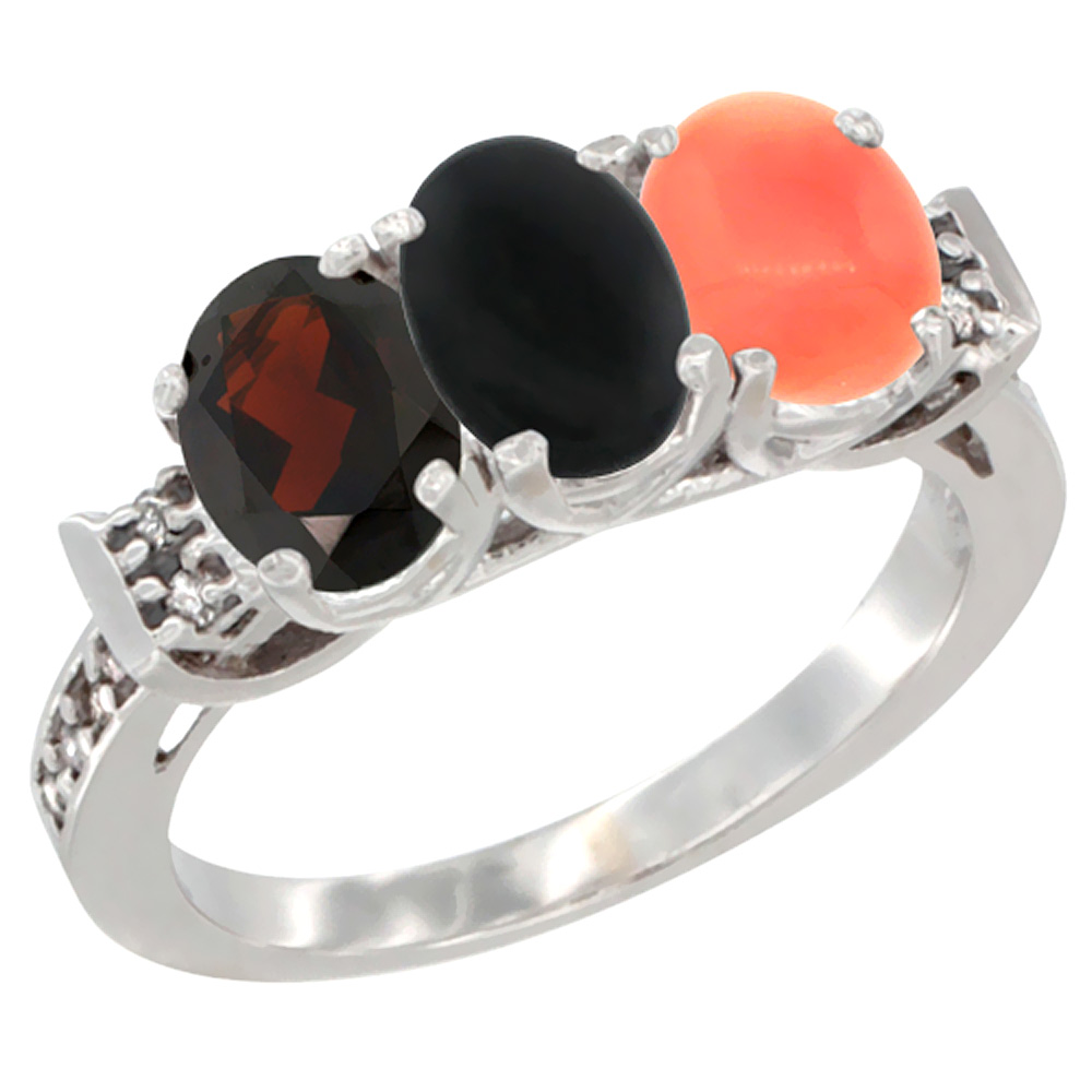 14K White Gold Natural Garnet, Black Onyx & Coral Ring 3-Stone 7x5 mm Oval Diamond Accent, sizes 5 - 10
