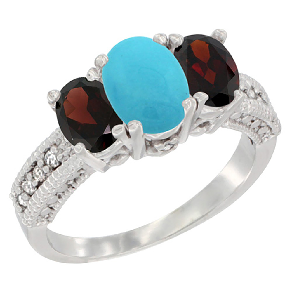 14K White Gold Diamond Natural Turquoise Ring Oval 3-stone with Garnet, sizes 5 - 10