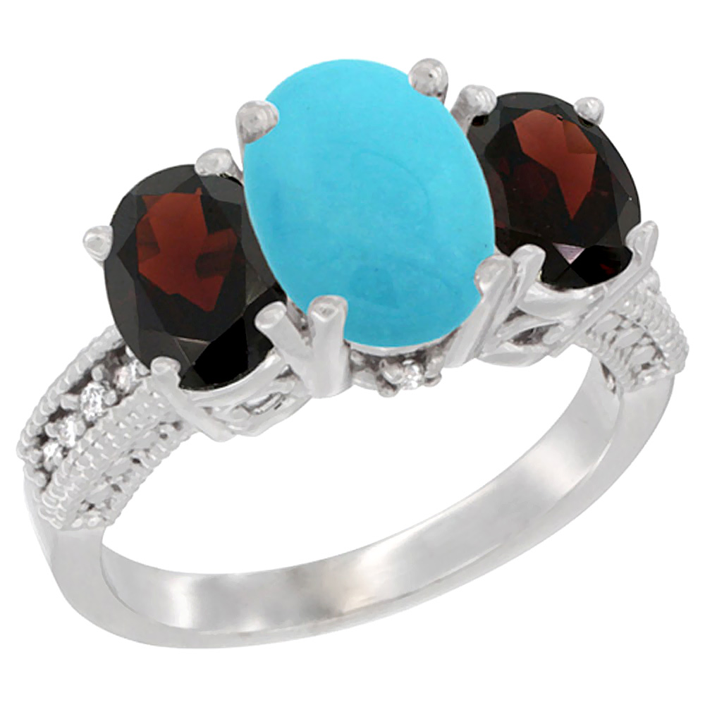 14K White Gold Diamond Natural Turquoise Ring 3-Stone Oval 8x6mm with Garnet, sizes5-10