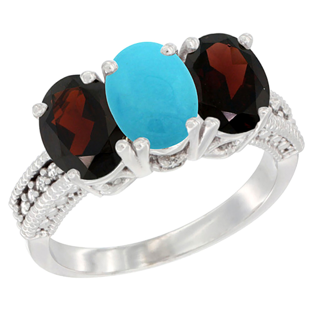 14K White Gold Natural Turquoise & Garnet Sides Ring 3-Stone 7x5 mm Oval Diamond Accent, sizes 5 - 10