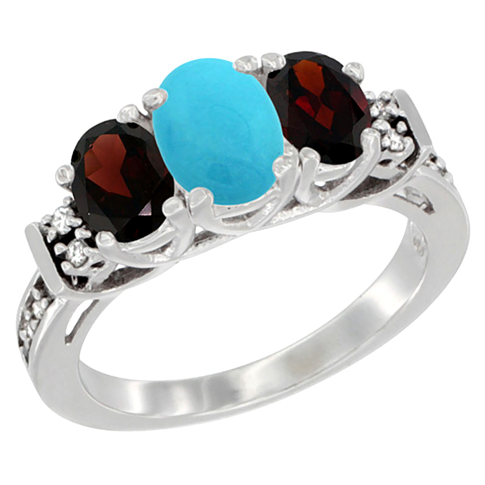 14K White Gold Natural Turquoise &amp; Garnet Ring 3-Stone Oval Diamond Accent, sizes 5-10