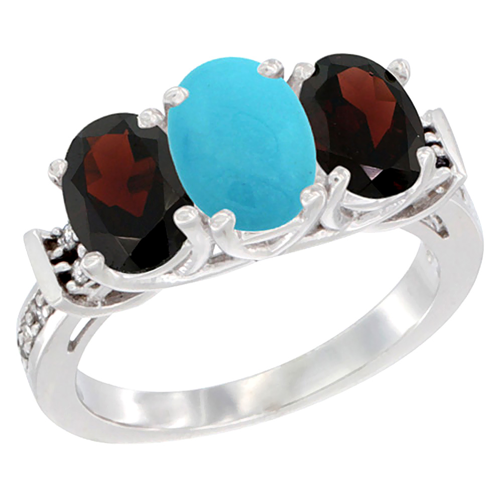 10K White Gold Natural Turquoise &amp; Garnet Sides Ring 3-Stone Oval Diamond Accent, sizes 5 - 10