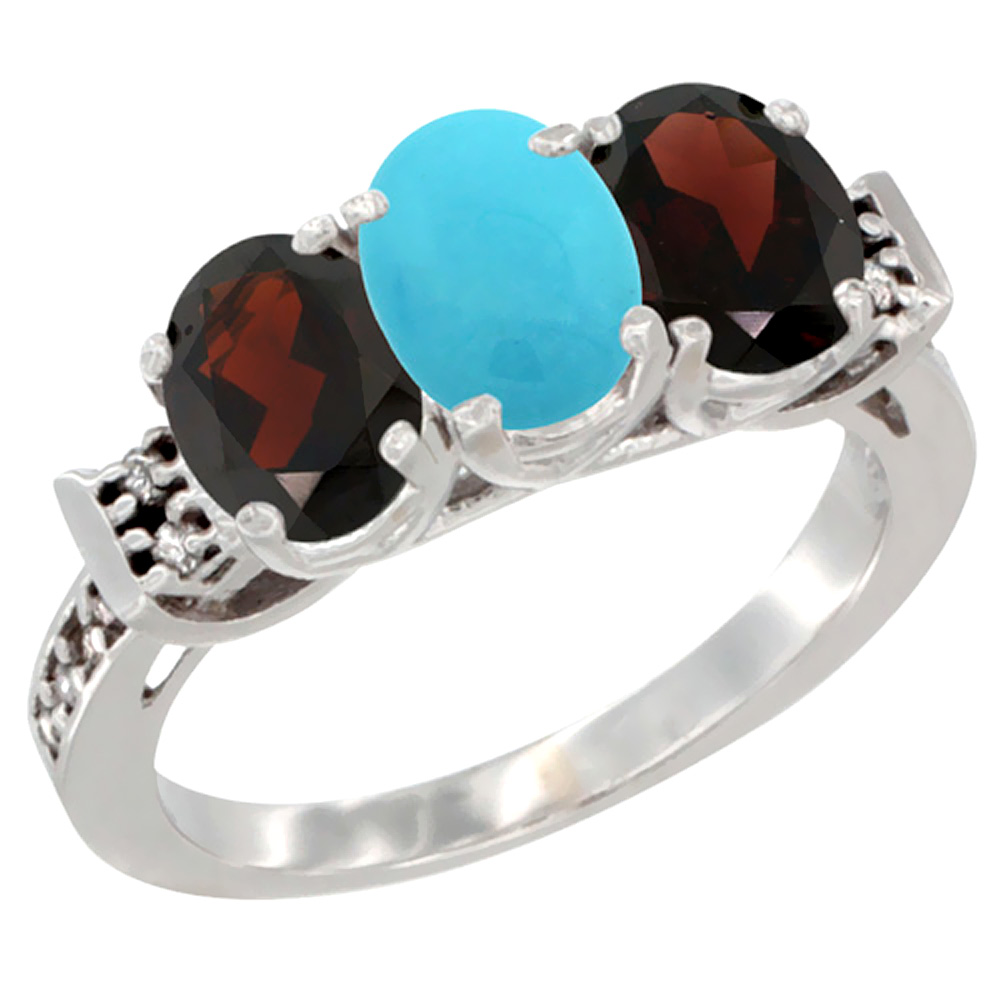 10K White Gold Natural Turquoise &amp; Garnet Sides Ring 3-Stone Oval 7x5 mm Diamond Accent, sizes 5 - 10