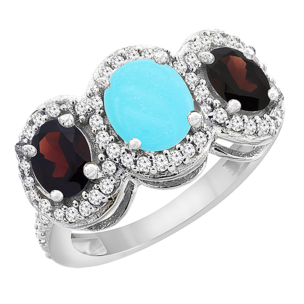 14K White Gold Natural Turquoise &amp; Garnet 3-Stone Ring Oval Diamond Accent, sizes 5 - 10