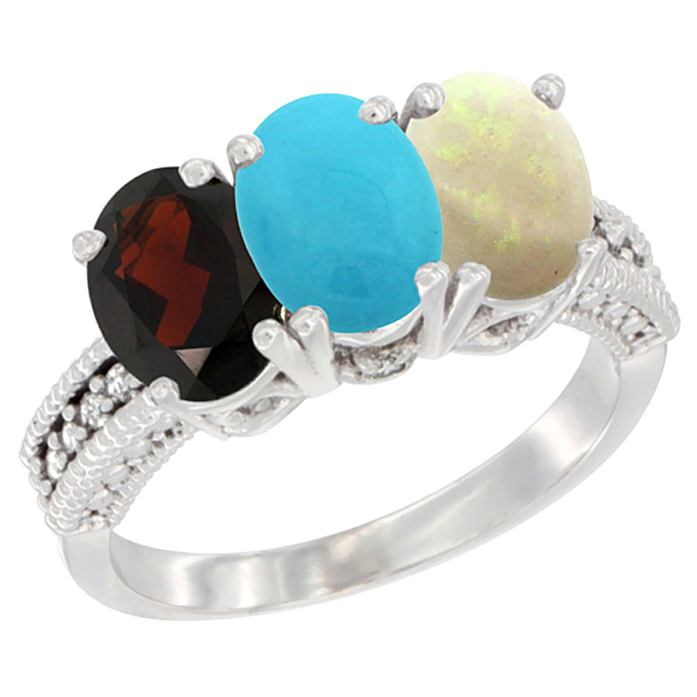 10K White Gold Natural Garnet, Turquoise & Opal Ring 3-Stone Oval 7x5 mm Diamond Accent, sizes 5 - 10