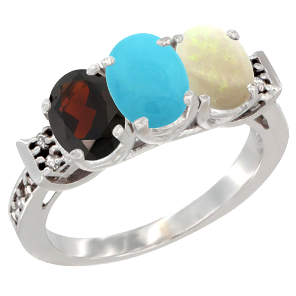 14K White Gold Natural Garnet, Turquoise & Opal Ring 3-Stone 7x5 mm Oval Diamond Accent, sizes 5 - 10