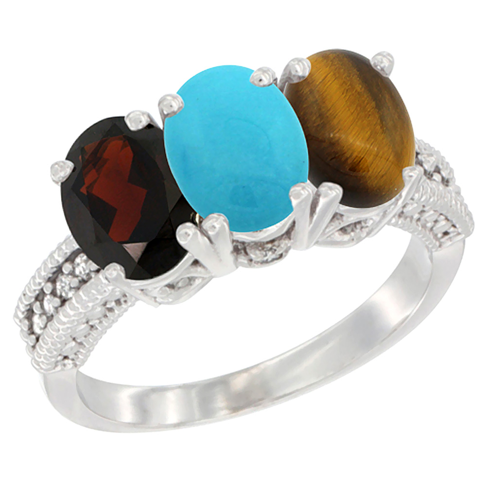 10K White Gold Natural Garnet, Turquoise &amp; Tiger Eye Ring 3-Stone Oval 7x5 mm Diamond Accent, sizes 5 - 10