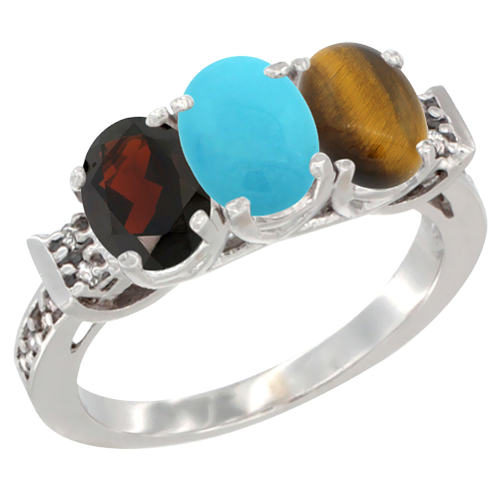 10K White Gold Natural Garnet, Turquoise &amp; Tiger Eye Ring 3-Stone Oval 7x5 mm Diamond Accent, sizes 5 - 10