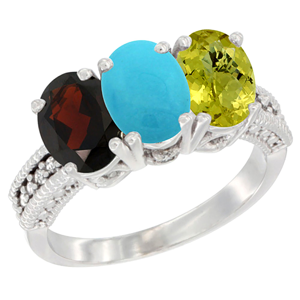 14K White Gold Natural Garnet, Turquoise & Lemon Quartz Ring 3-Stone 7x5 mm Oval Diamond Accent, sizes 5 - 10
