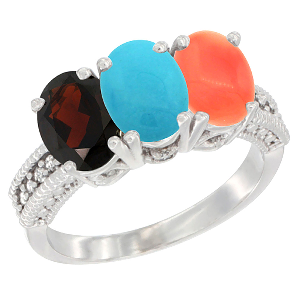 14K White Gold Natural Garnet, Turquoise & Coral Ring 3-Stone 7x5 mm Oval Diamond Accent, sizes 5 - 10