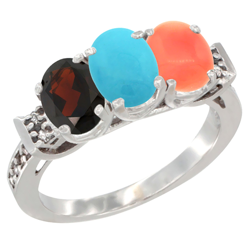 14K White Gold Natural Garnet, Turquoise &amp; Coral Ring 3-Stone 7x5 mm Oval Diamond Accent, sizes 5 - 10