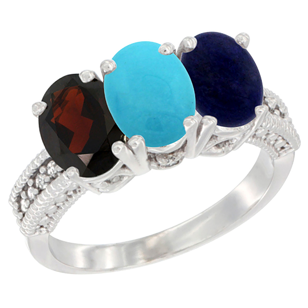 14K White Gold Natural Garnet, Turquoise & Lapis Ring 3-Stone 7x5 mm Oval Diamond Accent, sizes 5 - 10