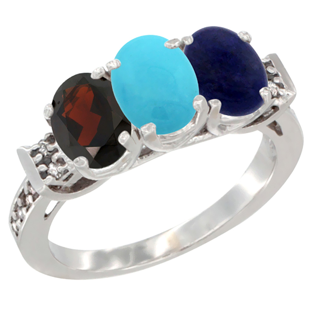14K White Gold Natural Garnet, Turquoise & Lapis Ring 3-Stone 7x5 mm Oval Diamond Accent, sizes 5 - 10