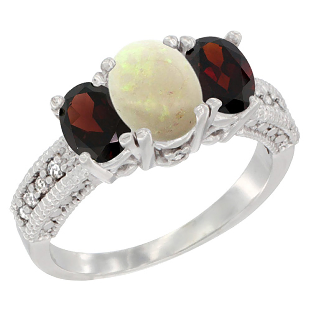10K White Gold Diamond Natural Opal Ring Oval 3-stone with Garnet, sizes 5 - 10
