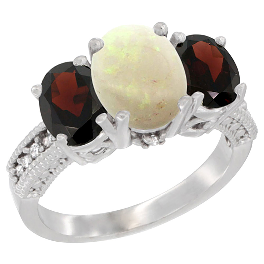 14K White Gold Diamond Natural Opal Ring 3-Stone Oval 8x6mm with Garnet, sizes5-10