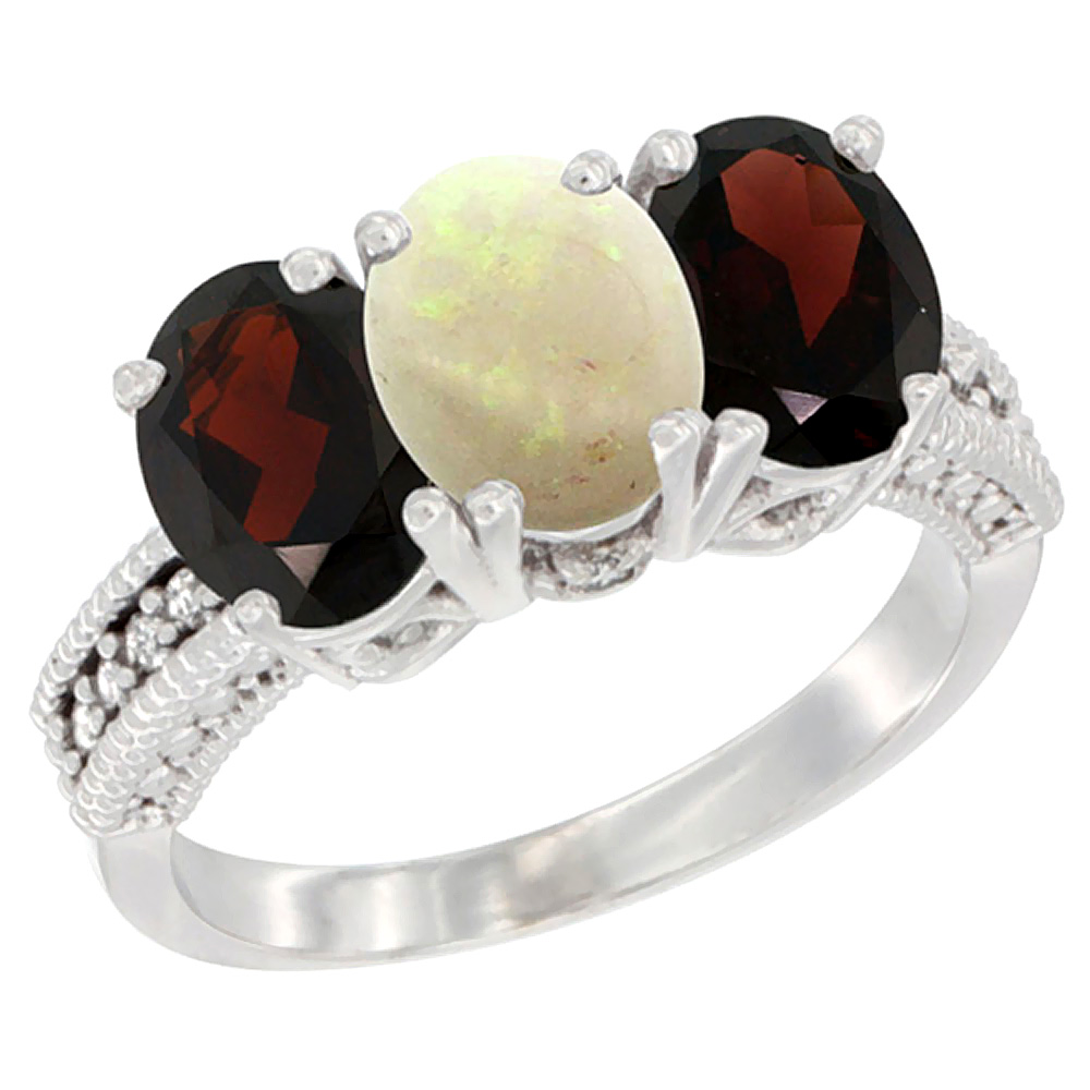 10K White Gold Natural Opal & Garnet Sides Ring 3-Stone Oval 7x5 mm Diamond Accent, sizes 5 - 10